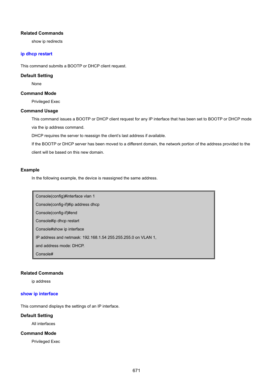 Ip dhcp restart, Show ip interface | PLANET SGSD-1022 User Manual | Page 671 / 693