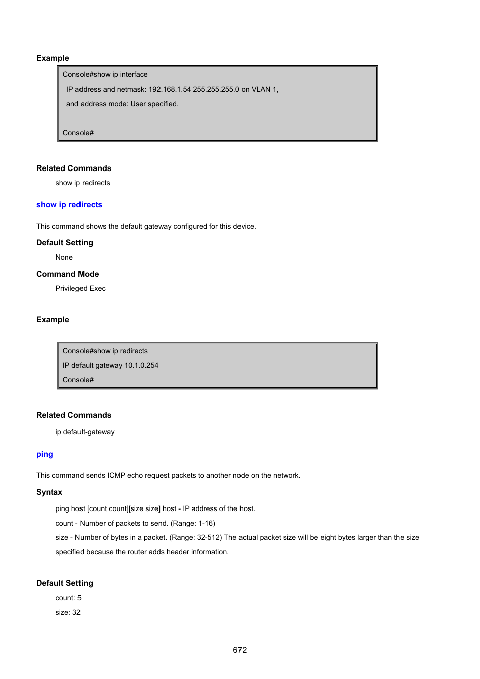 Show ip redirects, Ping | PLANET SGSD-1022 User Manual | Page 672 / 693