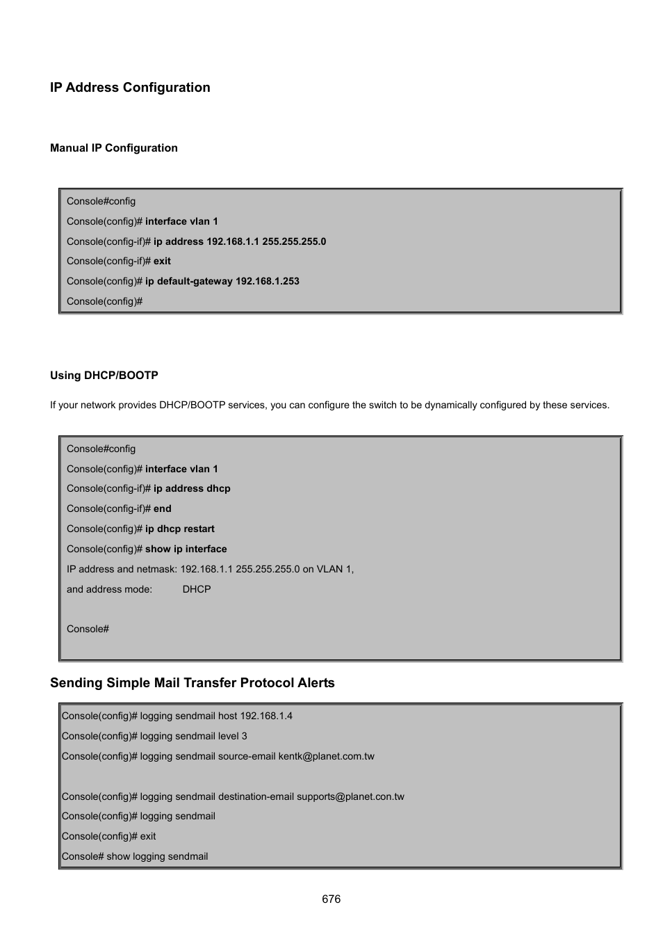 Ip address configuration, Manual ip configuration, Using dhcp/bootp | Sending simple mail transfer protocol alerts | PLANET SGSD-1022 User Manual | Page 676 / 693