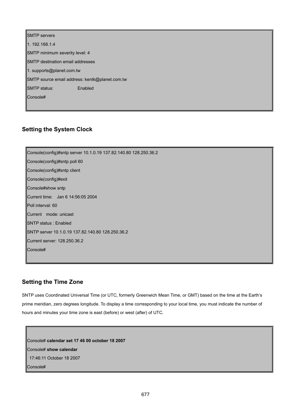 Setting the system clock, Setting the time zone | PLANET SGSD-1022 User Manual | Page 677 / 693