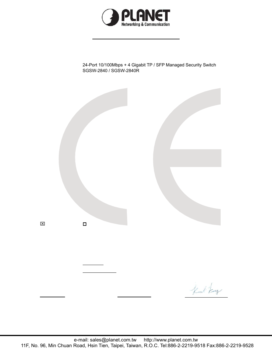 Ec declaration of conformity, Planet technology corporation | PLANET SGSD-1022 User Manual | Page 692 / 693