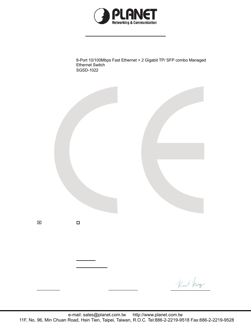 Ec declaration of conformity, Planet technology corporation | PLANET SGSD-1022 User Manual | Page 693 / 693