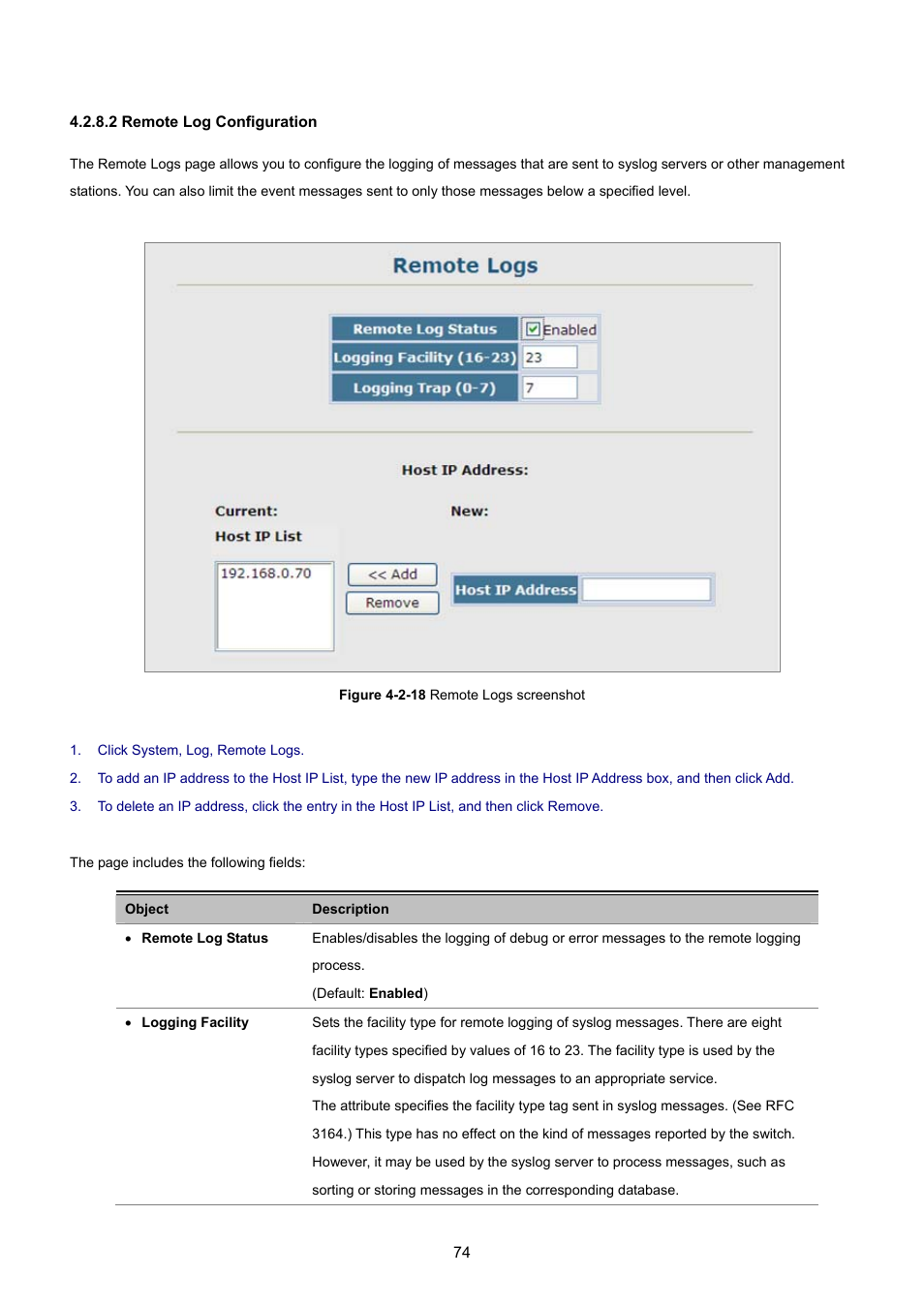 2 remote log configuration | PLANET SGSD-1022 User Manual | Page 74 / 693