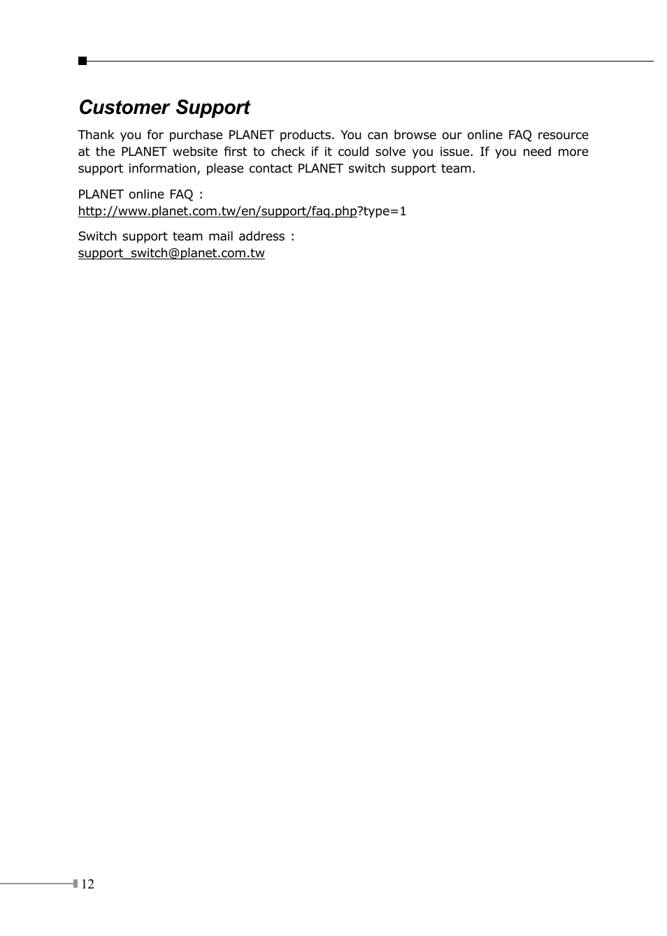 Customer support | PLANET SGSW-24040 User Manual | Page 12 / 12
