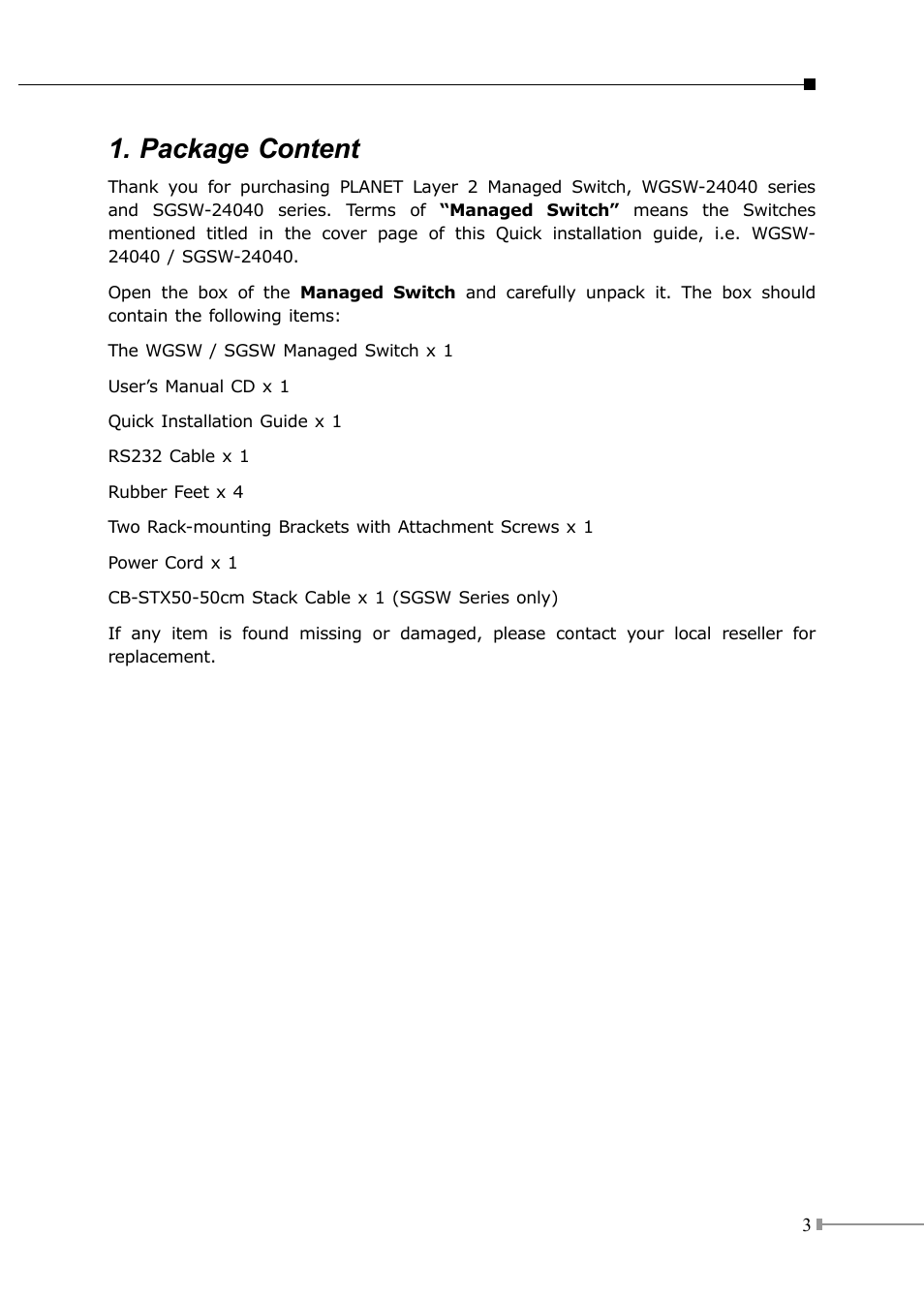 Package content | PLANET SGSW-24040 User Manual | Page 3 / 12