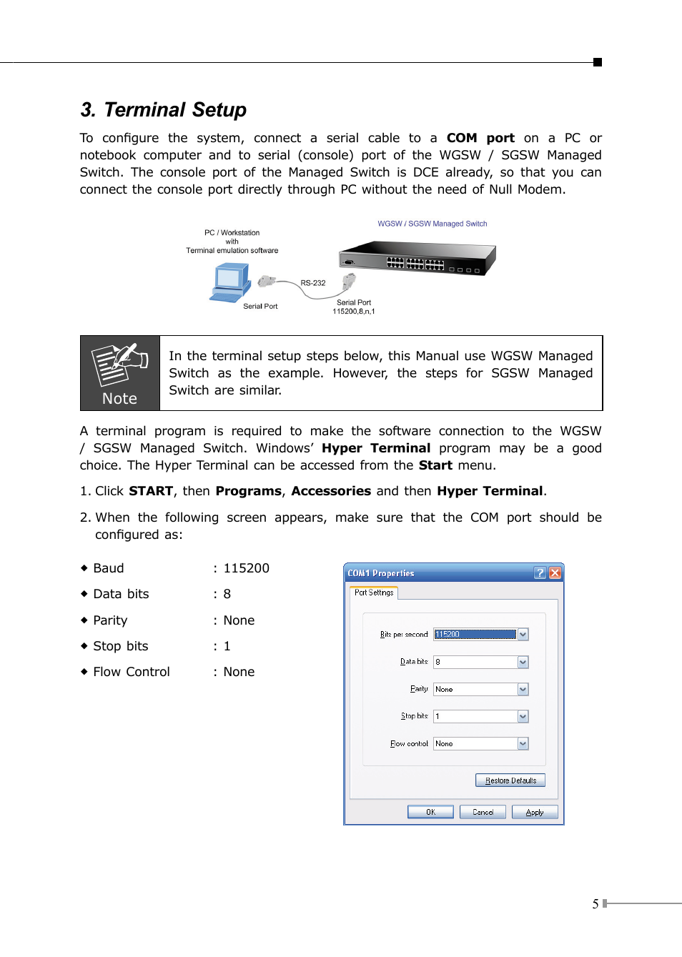 Terminal setup | PLANET SGSW-24040 User Manual | Page 5 / 12