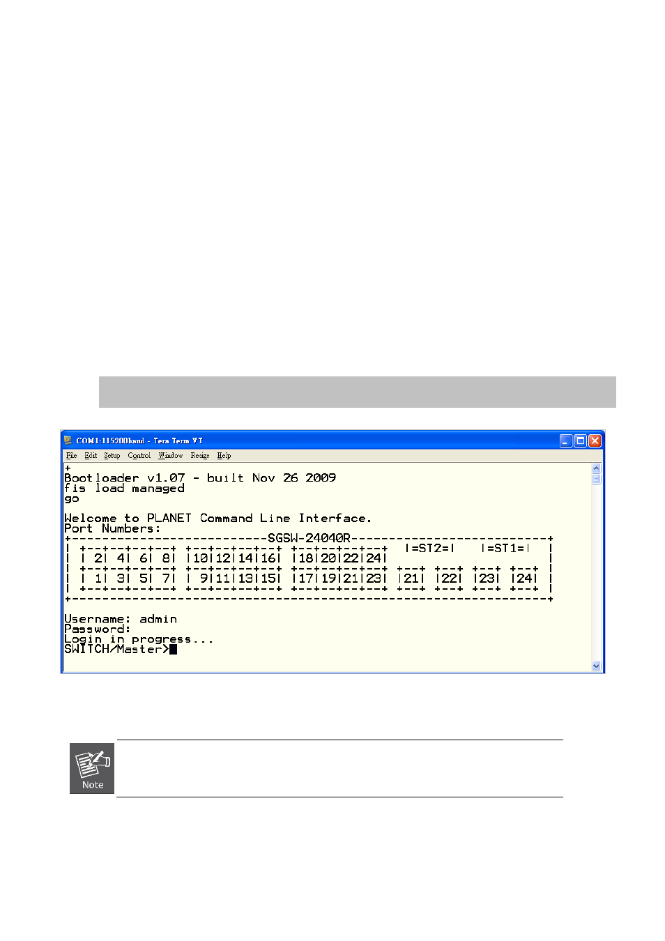 Command line interface, 1 accessing the cli, Logon to the console | Configure ip address | PLANET SGSW-24040 User Manual | Page 334 / 567