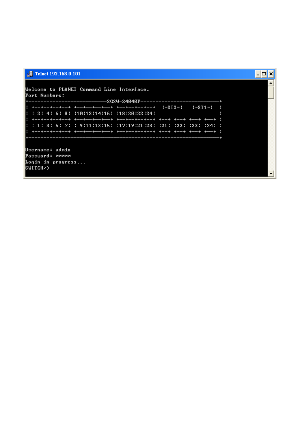 2 telnet login | PLANET SGSW-24040 User Manual | Page 337 / 567