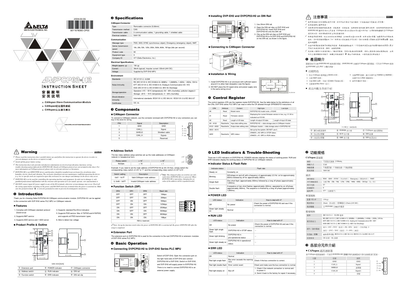Delta Electronics CANopen Communication Module DVPCP02-H2 User Manual | 2 pages