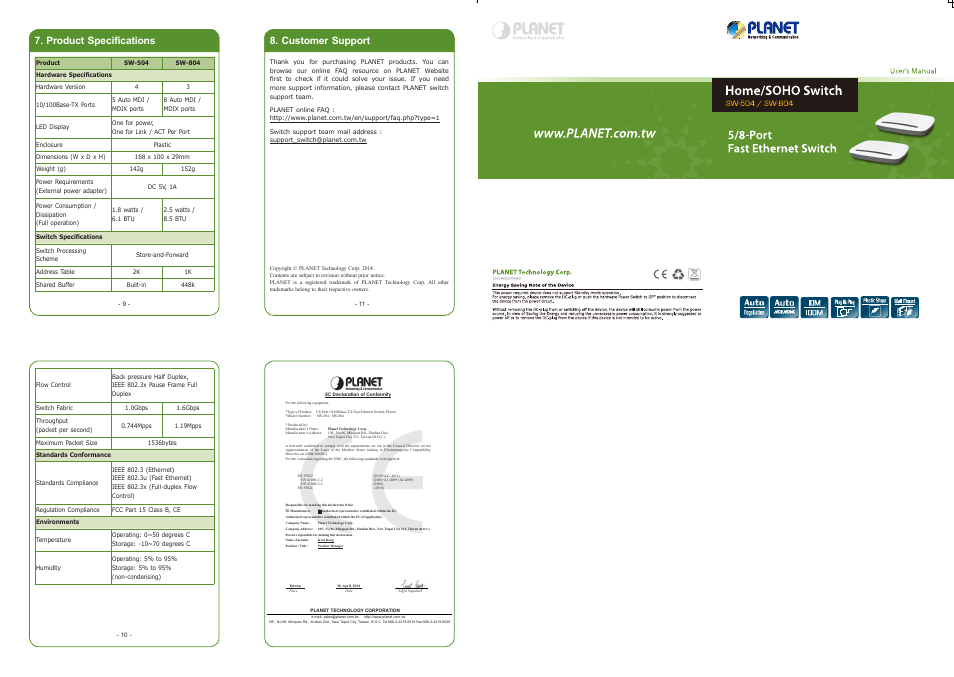 Product specifications, Customer support | PLANET SW-504 User Manual | Page 2 / 2