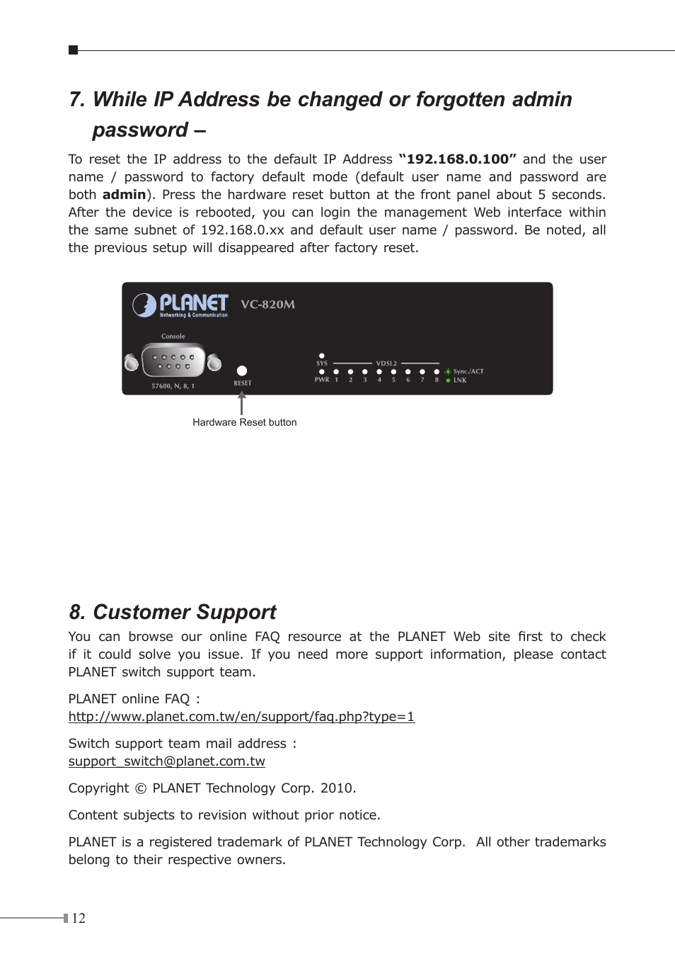 Customer support | PLANET VC-2400MR User Manual | Page 12 / 12