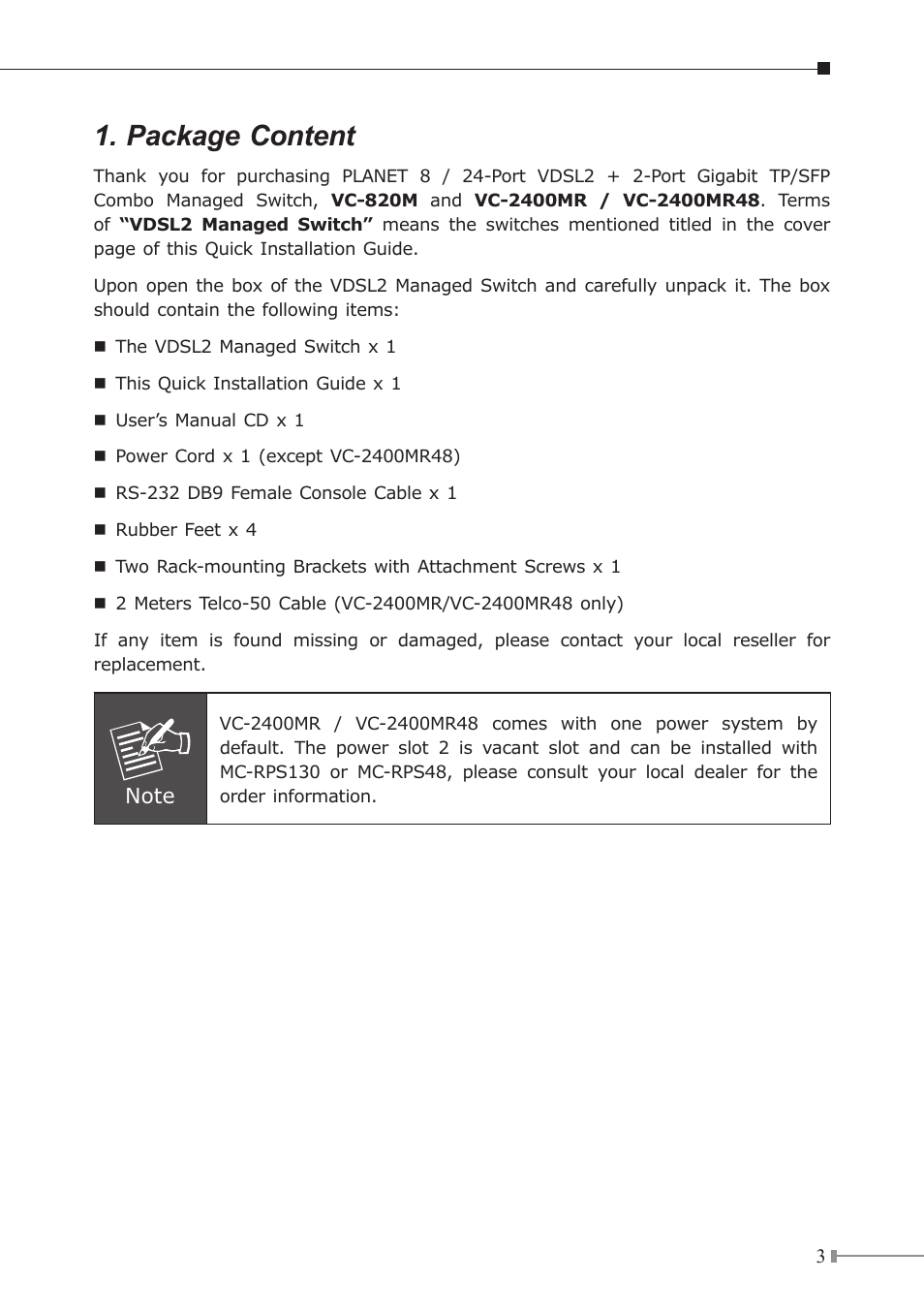 Package content | PLANET VC-2400MR User Manual | Page 3 / 12