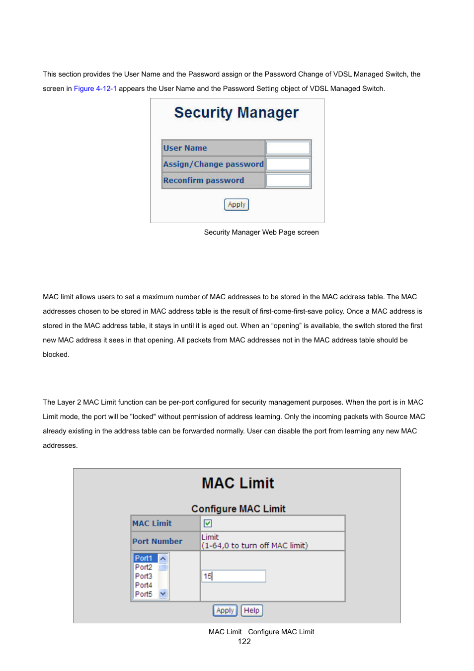 12 security manager, 13 mac limit, 1 mac limit configuration | PLANET VC-2400MR48 User Manual | Page 122 / 217