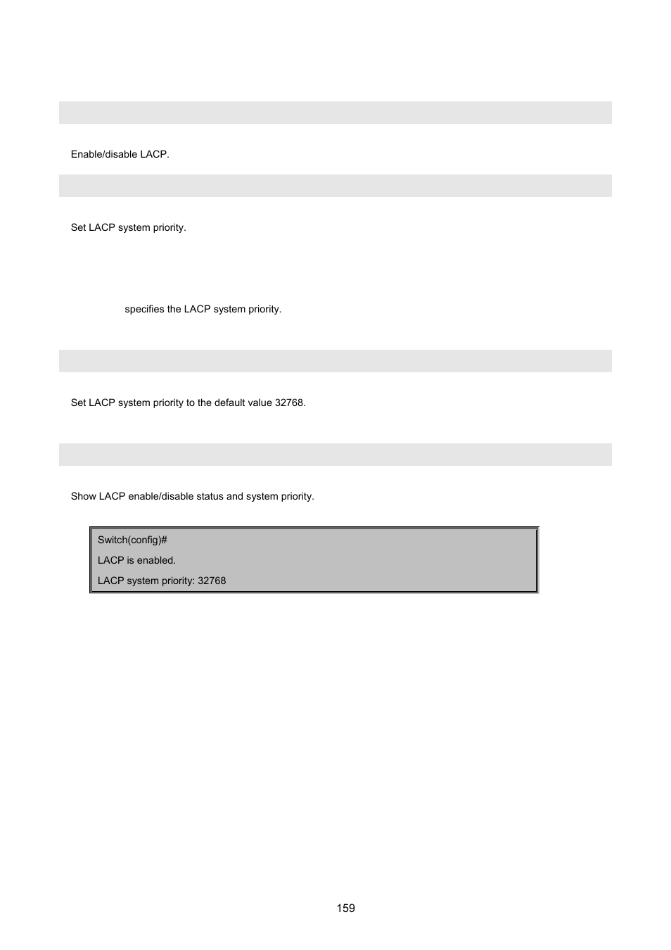 2 lacp command, No] lacp, Lacp system-priority | No lacp system-priority, Show lacp status | PLANET VC-2400MR48 User Manual | Page 159 / 217