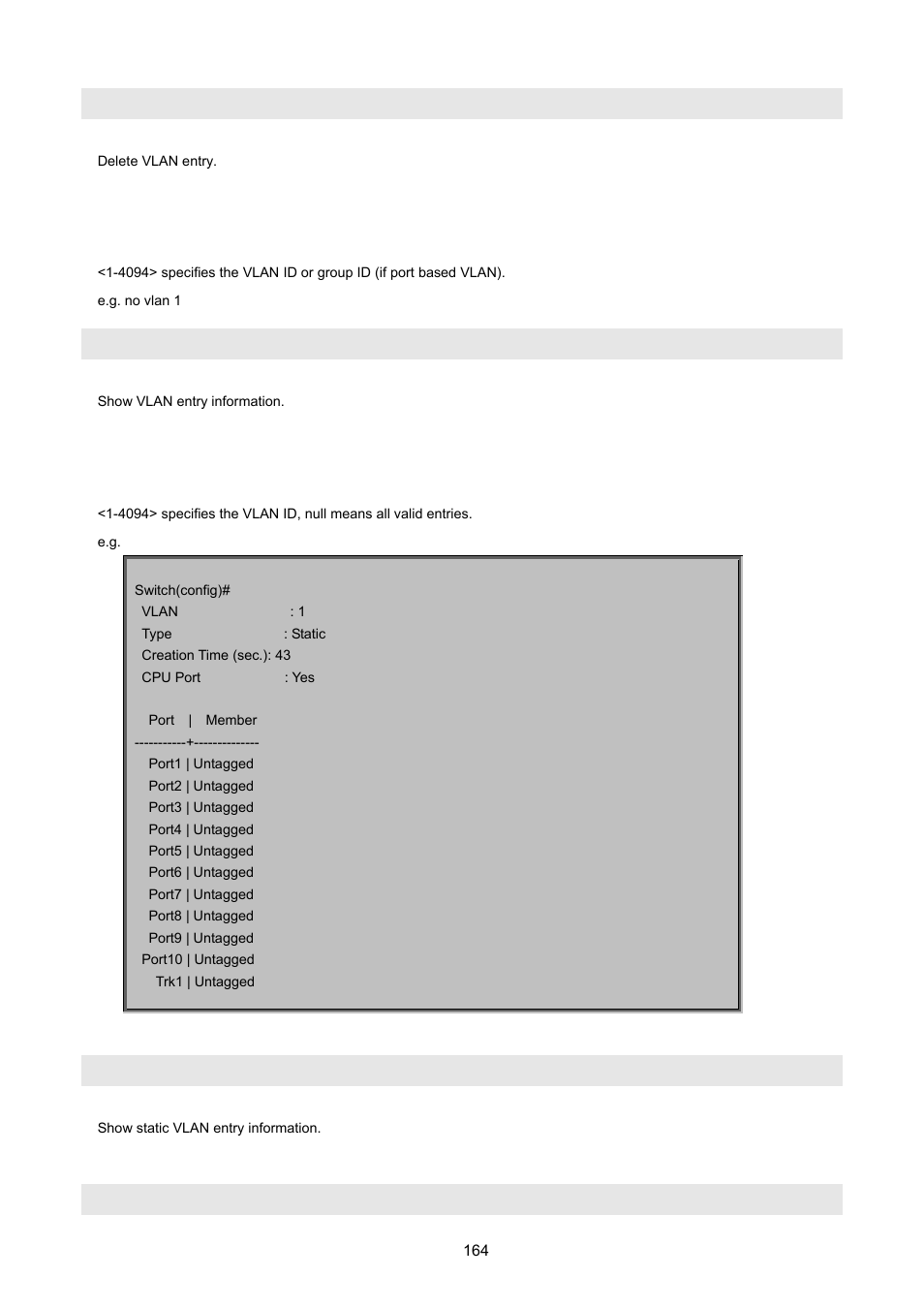 No vlan, Show vlan, Show vlan static | Show vlan pvid | PLANET VC-2400MR48 User Manual | Page 164 / 217