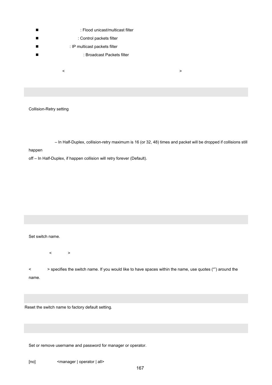 7 administration configuration, 1 change username / password, Collision-retry | Hostname, No hostname, No] password | PLANET VC-2400MR48 User Manual | Page 167 / 217