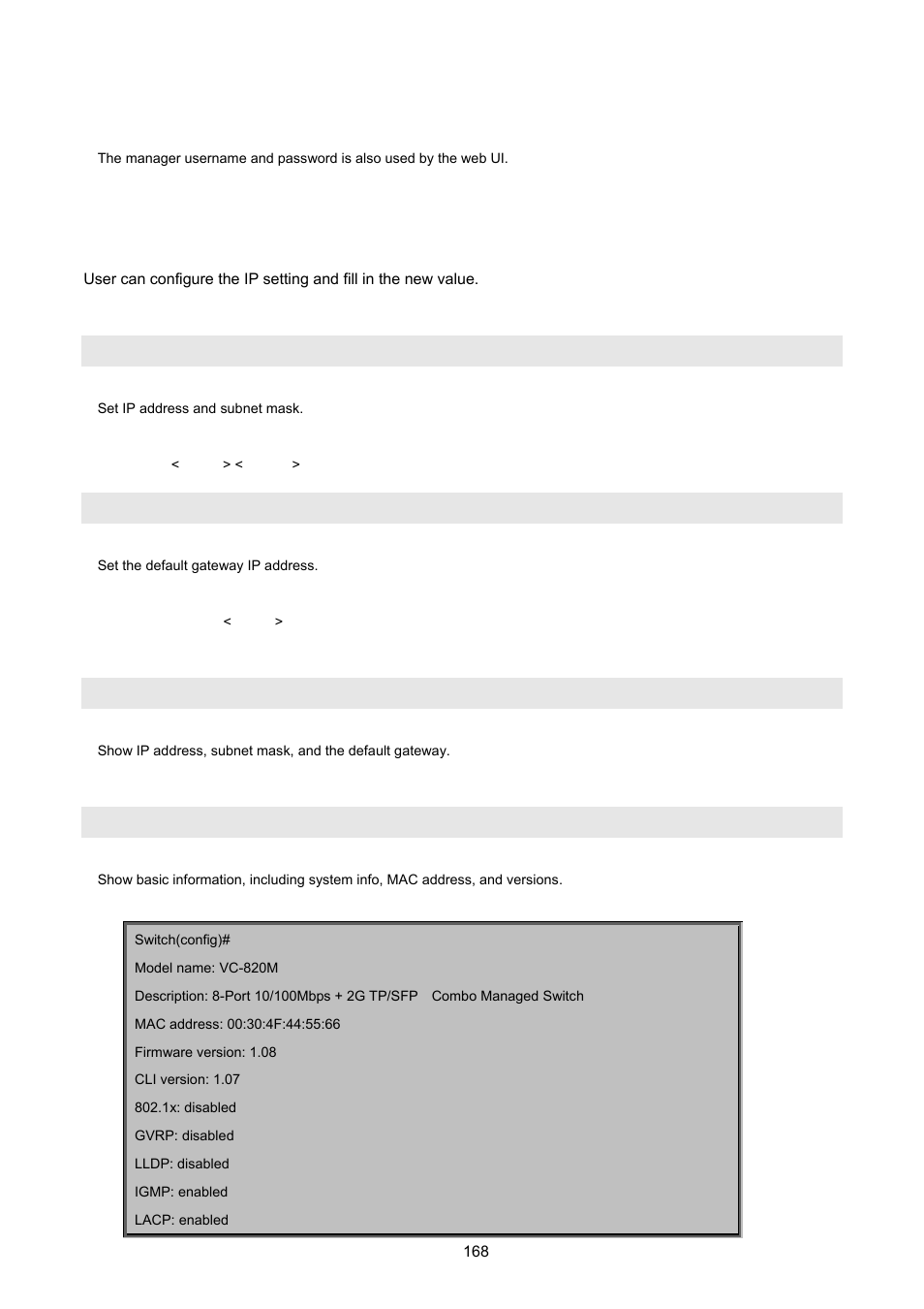 2 ip configuration, Ip address, Ip default-gateway | Show ip, Show info | PLANET VC-2400MR48 User Manual | Page 168 / 217