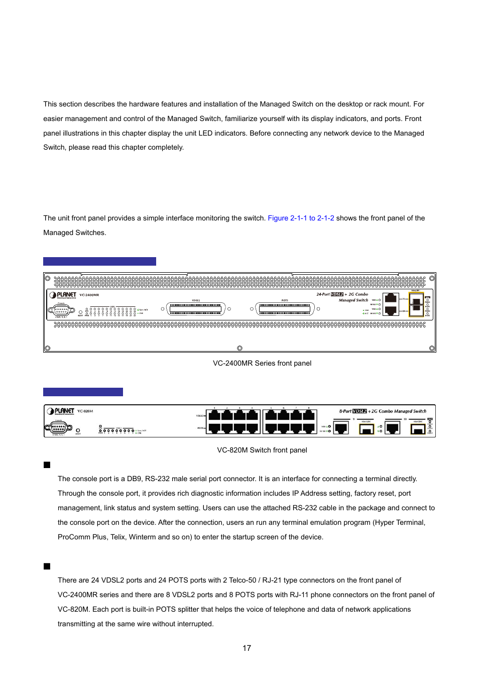 Installation, 1 hardware description, 1 switch front panel | PLANET VC-2400MR48 User Manual | Page 17 / 217