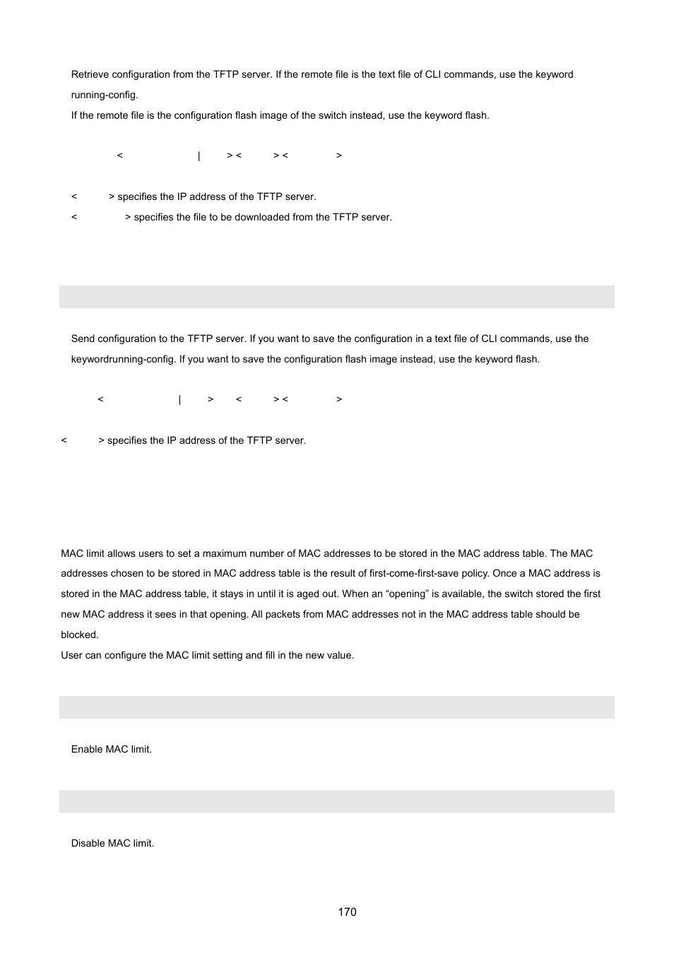 7 backup configure file, 8 mac limit, Copy <running-config | flash> tftp | Mac-limit, No mac-limit | PLANET VC-2400MR48 User Manual | Page 170 / 217