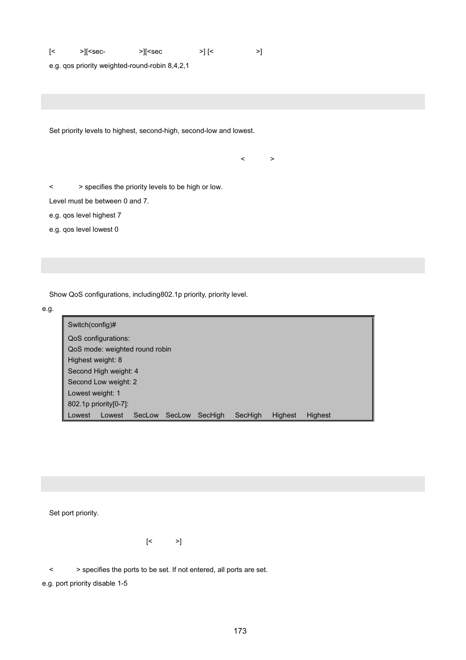 2 per port priority, Qos level, Show qos | Port priority | PLANET VC-2400MR48 User Manual | Page 173 / 217