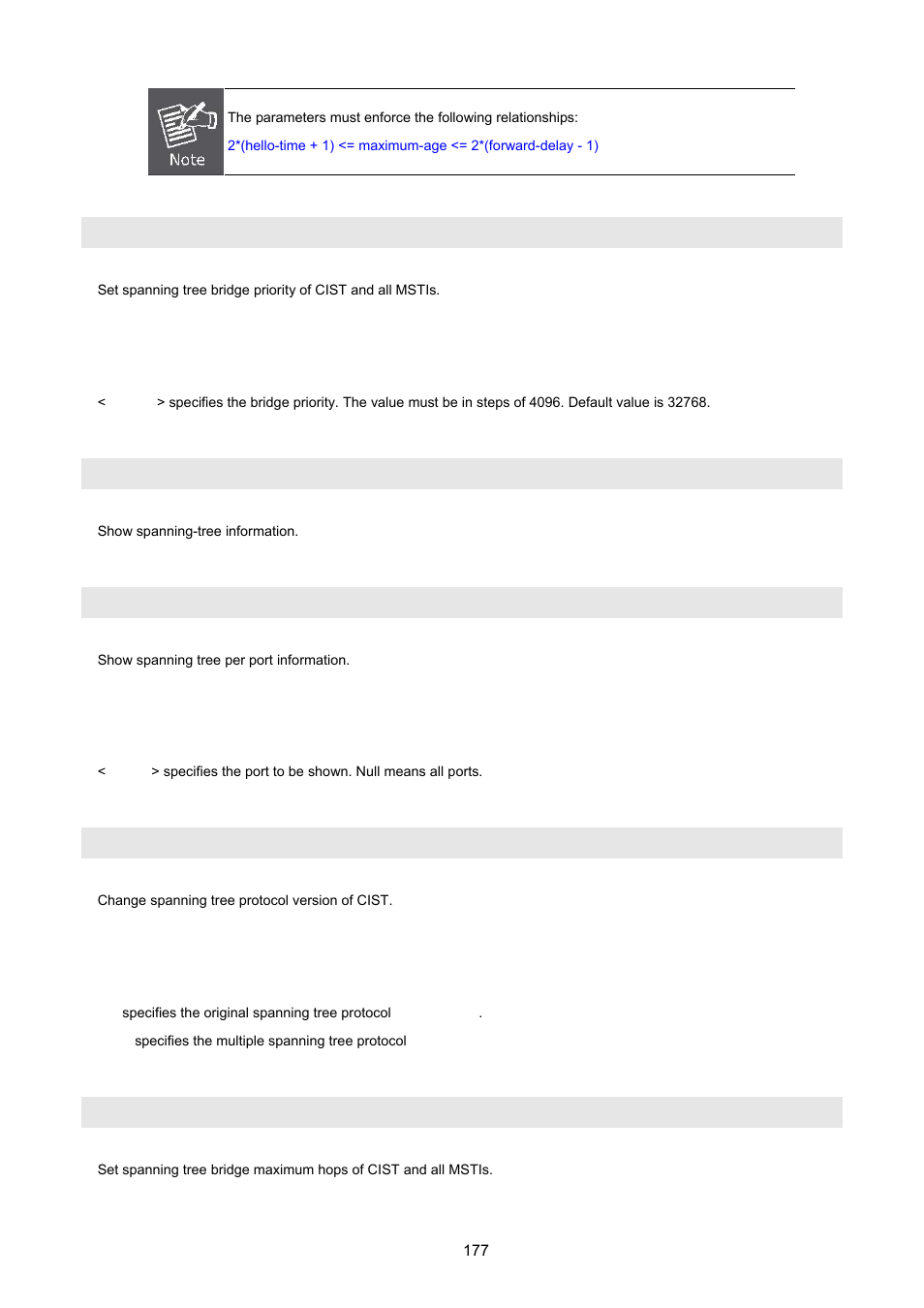 Spanning-tree priority, Show spanning-tree, Show spanning-tree port | Spanning-tree protocol-version, Spanning-tree max-hops | PLANET VC-2400MR48 User Manual | Page 177 / 217