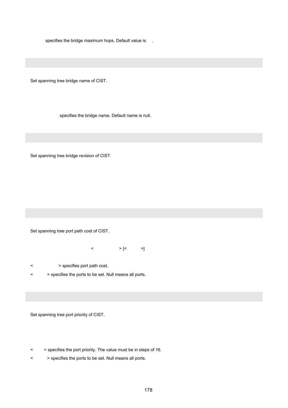 Spanning-tree name, Spanning-tree revision, Spanning-tree port path-cost | Spanning-tree port priority | PLANET VC-2400MR48 User Manual | Page 178 / 217
