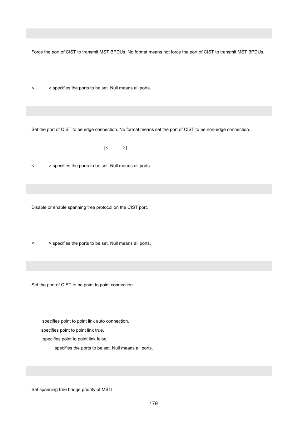 No] spanning-tree port mcheck, No] spanning-tree port edge-port, No] spanning-tree port non-stp | Spanning-tree port point-to-point-mac, Spanning-tree mst | PLANET VC-2400MR48 User Manual | Page 179 / 217