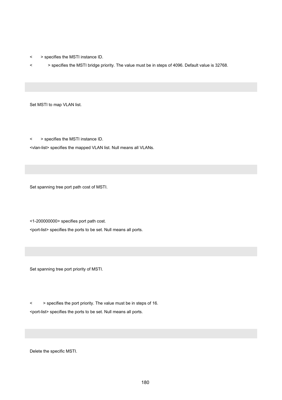 Spanning-tree mst <0-15> vlan [<vlan-list, No spanning-tree mst | PLANET VC-2400MR48 User Manual | Page 180 / 217