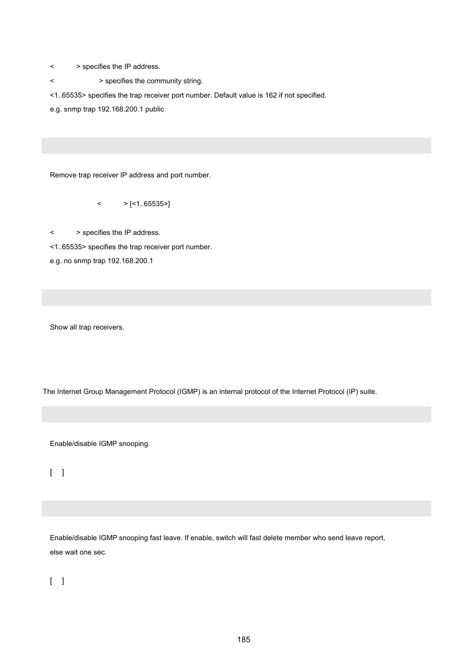 14 igmp, No snmp trap, Show snmp trap | No] igmp, No] igmp fastleave | PLANET VC-2400MR48 User Manual | Page 185 / 217