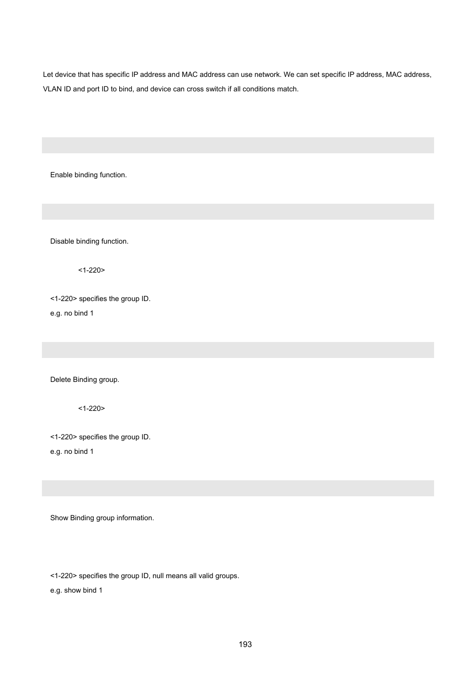 17 binding, 1 sip/smac binding commands, Bind | No bind, Show bind | PLANET VC-2400MR48 User Manual | Page 193 / 217