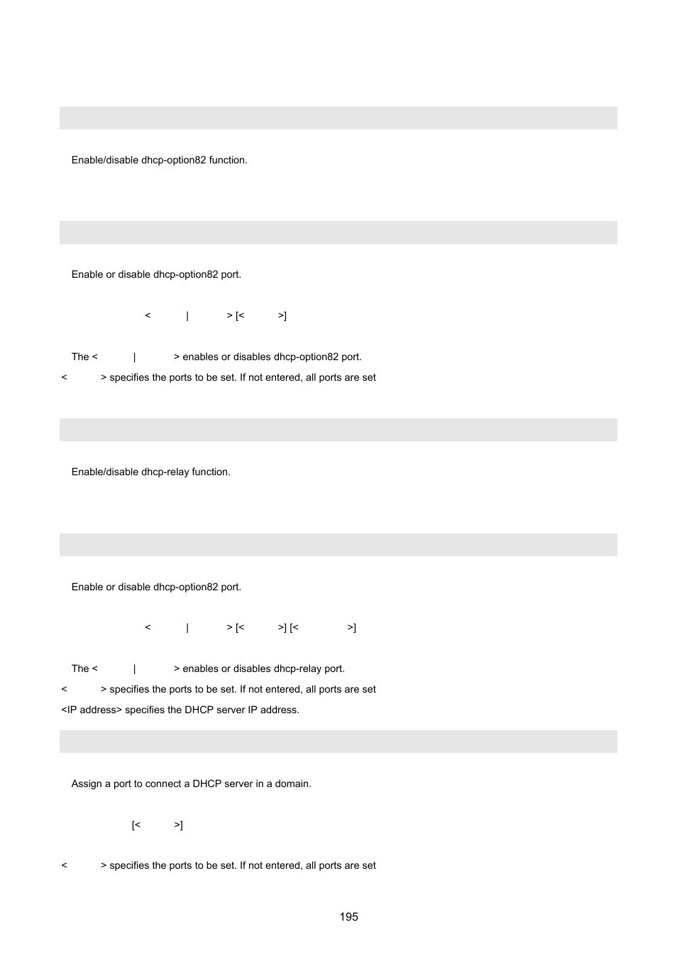 18 dhcp configuration, No] dhcp-option82, Dhcp-option82 | No] dhcp-relay, Dhcp-relay, Dhcp-router | PLANET VC-2400MR48 User Manual | Page 195 / 217