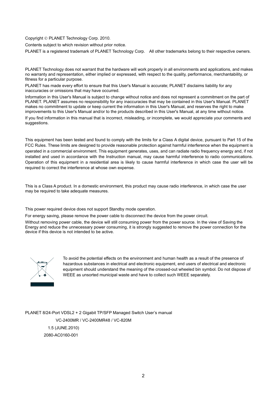 PLANET VC-2400MR48 User Manual | Page 2 / 217