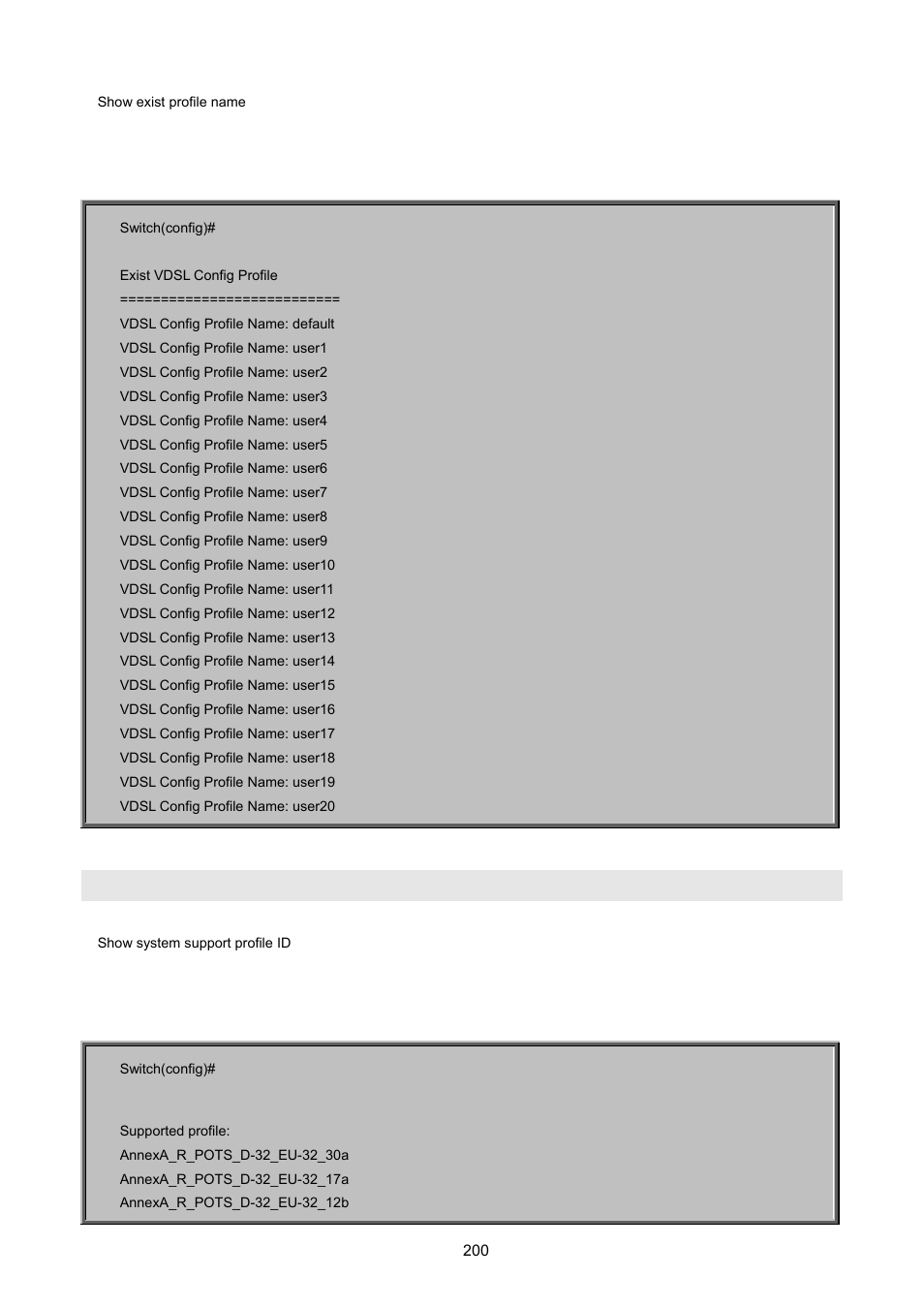 Profile xdsl-line show sprofile | PLANET VC-2400MR48 User Manual | Page 200 / 217