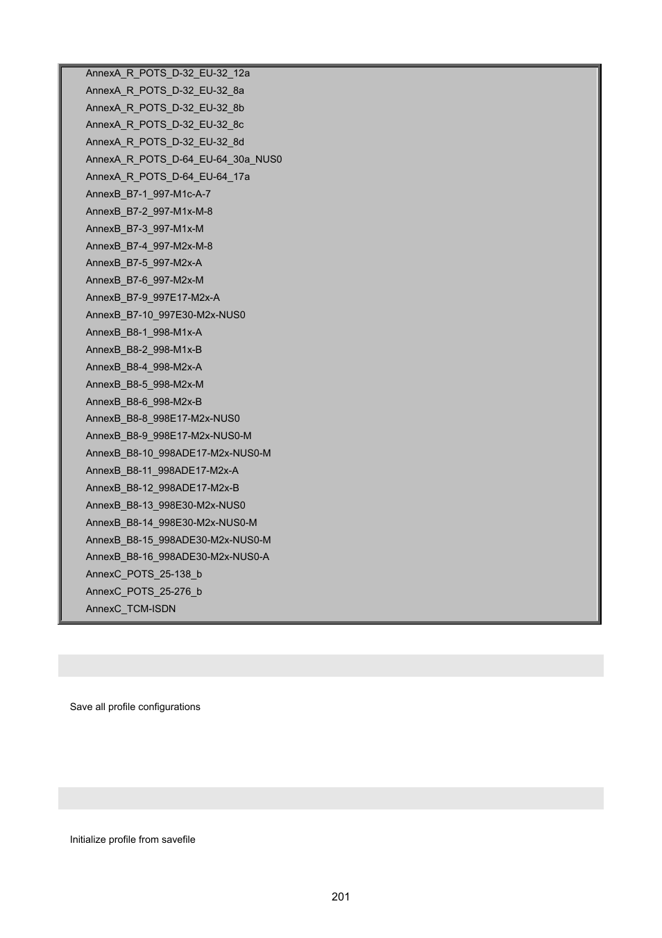 Profile xdsl-line save, Profile xdsl-line init | PLANET VC-2400MR48 User Manual | Page 201 / 217