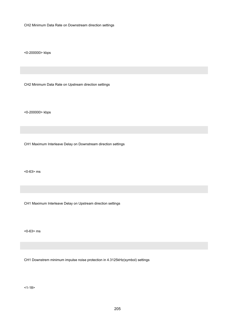 Profile xdsl-line set rate-limit-min-us-ch2, Profile xdsl-line set max-delay-ds-ch1, Profile xdsl-line set max-delay-us-ch1 | Profile xdsl-line set inp-min-prot-ds-ch1 | PLANET VC-2400MR48 User Manual | Page 205 / 217