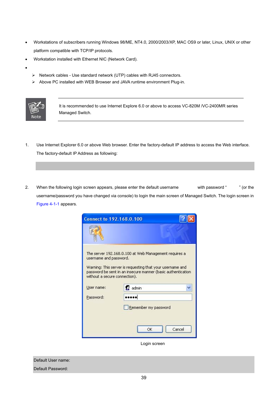 1 requirements, 2 logging on the switch | PLANET VC-2400MR48 User Manual | Page 39 / 217