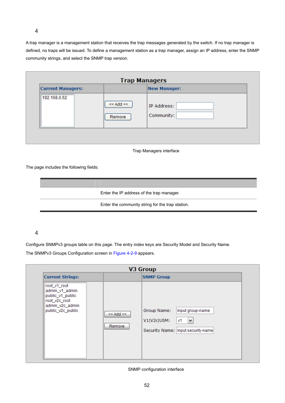 4 trap managers, 5 snmpv3 groups, 4 .4 trap managers | 4 .5 snmpv3 groups | PLANET VC-2400MR48 User Manual | Page 52 / 217