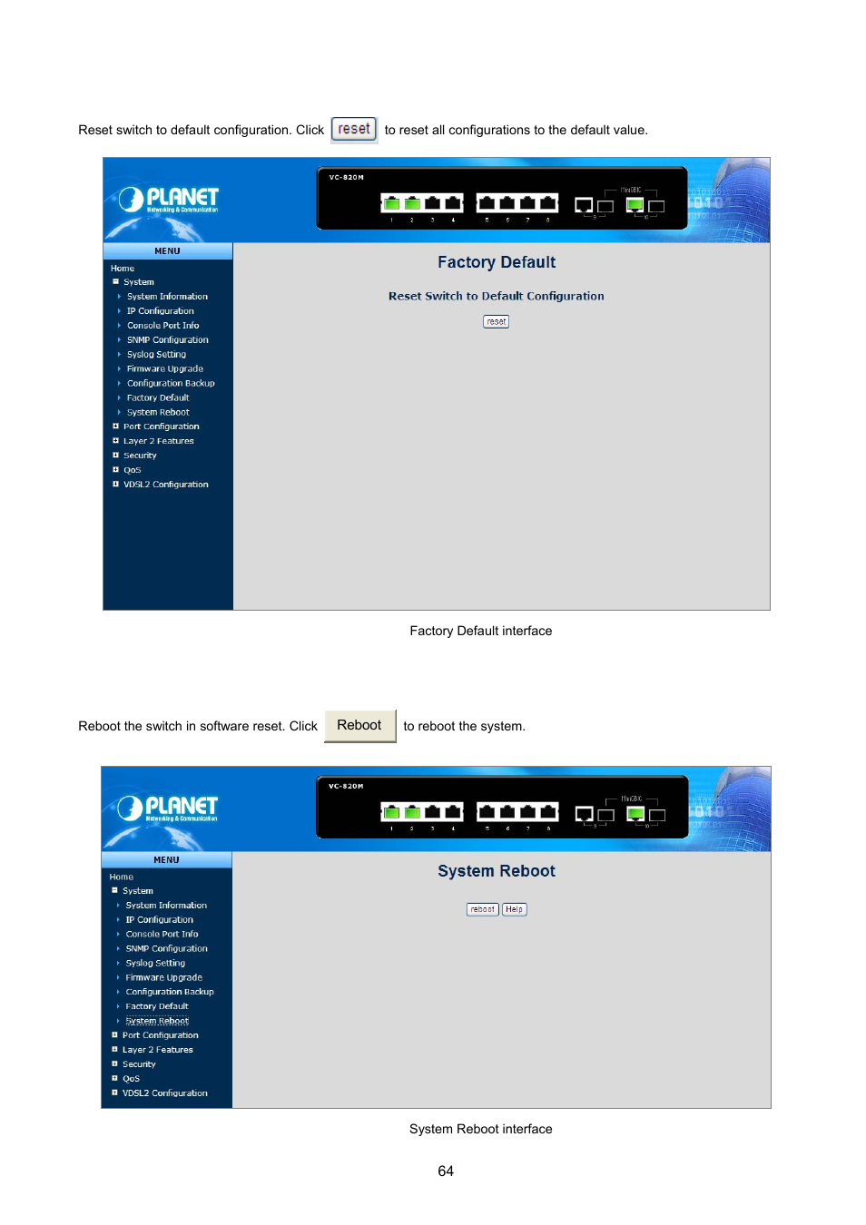 9 factory default, 10 system reboot | PLANET VC-2400MR48 User Manual | Page 64 / 217
