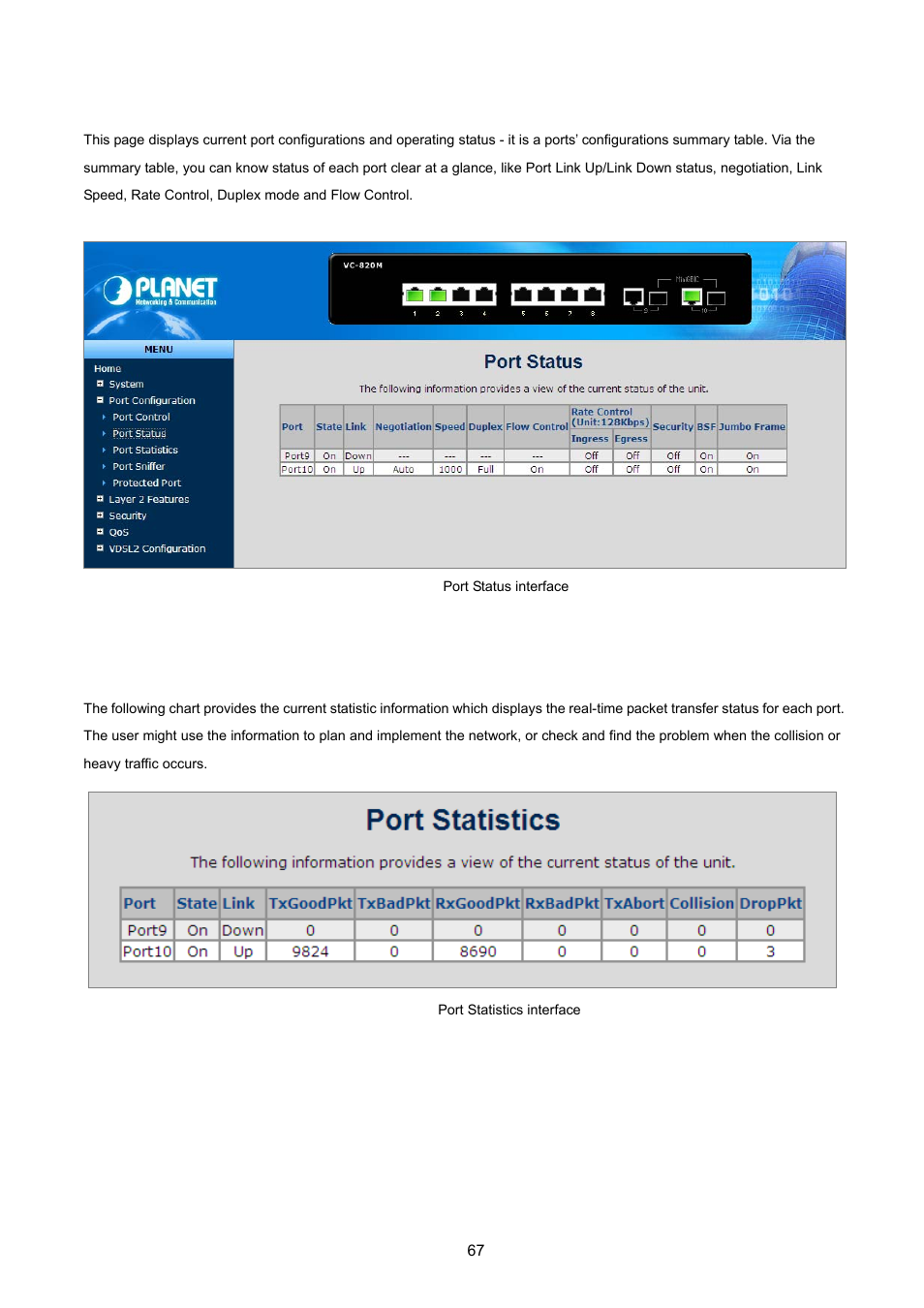 2 port status, 3 port statistics | PLANET VC-2400MR48 User Manual | Page 67 / 217