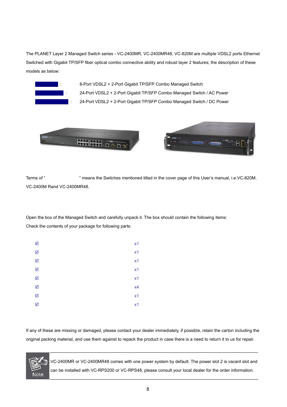 Introduction, 1 package contents | PLANET VC-2400MR48 User Manual | Page 8 / 217