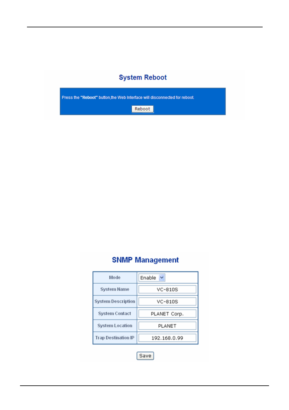 7 system reboot, 8 snmp management | PLANET VC-810S User Manual | Page 32 / 82