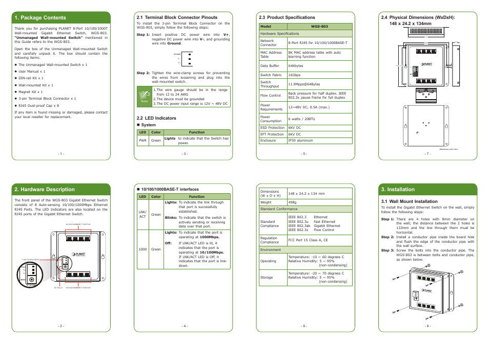 PLANET WGS-803 User Manual | 2 pages