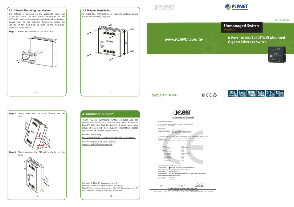 Customer support, 2 din-rail mounting installation, 3 magnet installation | PLANET WGS-803 User Manual | Page 2 / 2