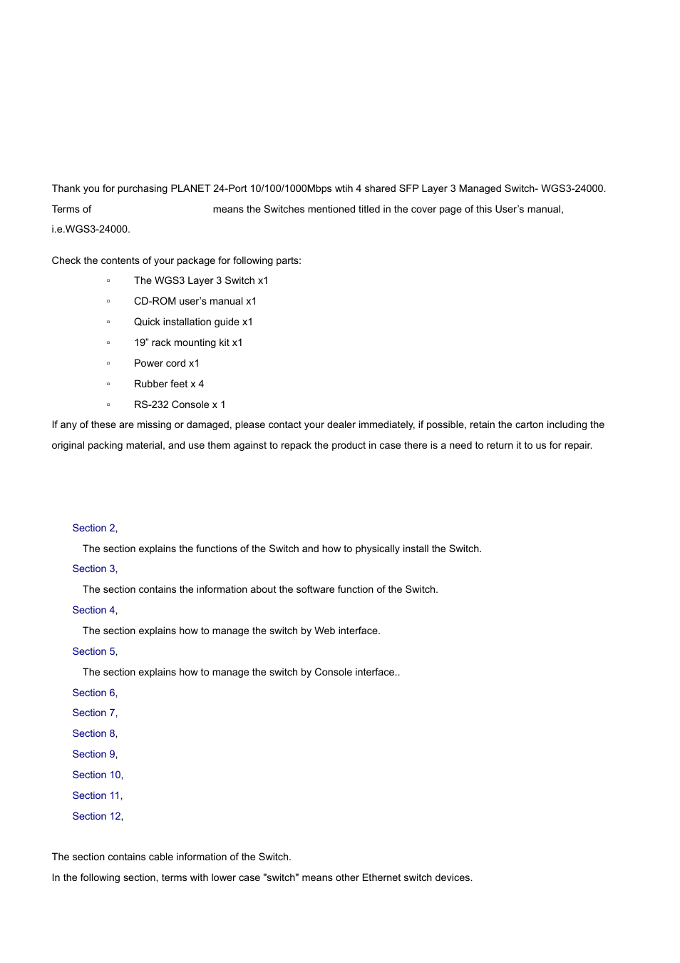 Introduction, 1 packet contents, 2 how to use this manual | PLANET WGS3-24000 User Manual | Page 19 / 526