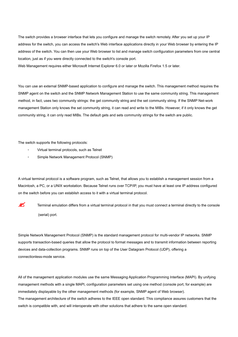 2 web management, 3 snmp-based network management, 4 protocols | 1 virtual terminal protocols, 2 snmp protocol, 3 management architecture | PLANET WGS3-24000 User Manual | Page 32 / 526