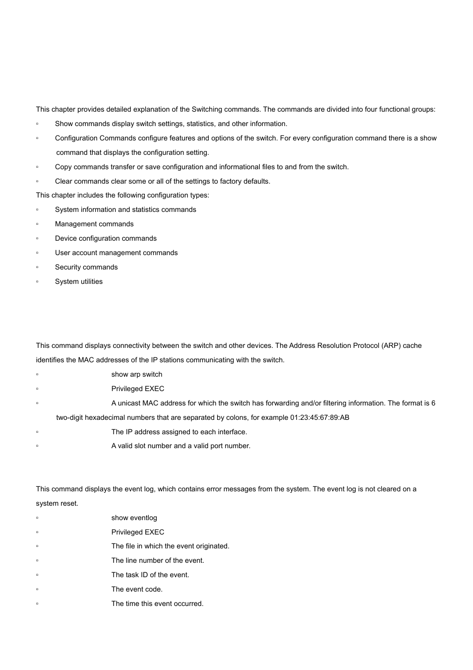 Cli commands: base, 1 system information and statistics commands, 1 show arp switch | 2 show eventlog | PLANET WGS3-24000 User Manual | Page 323 / 526