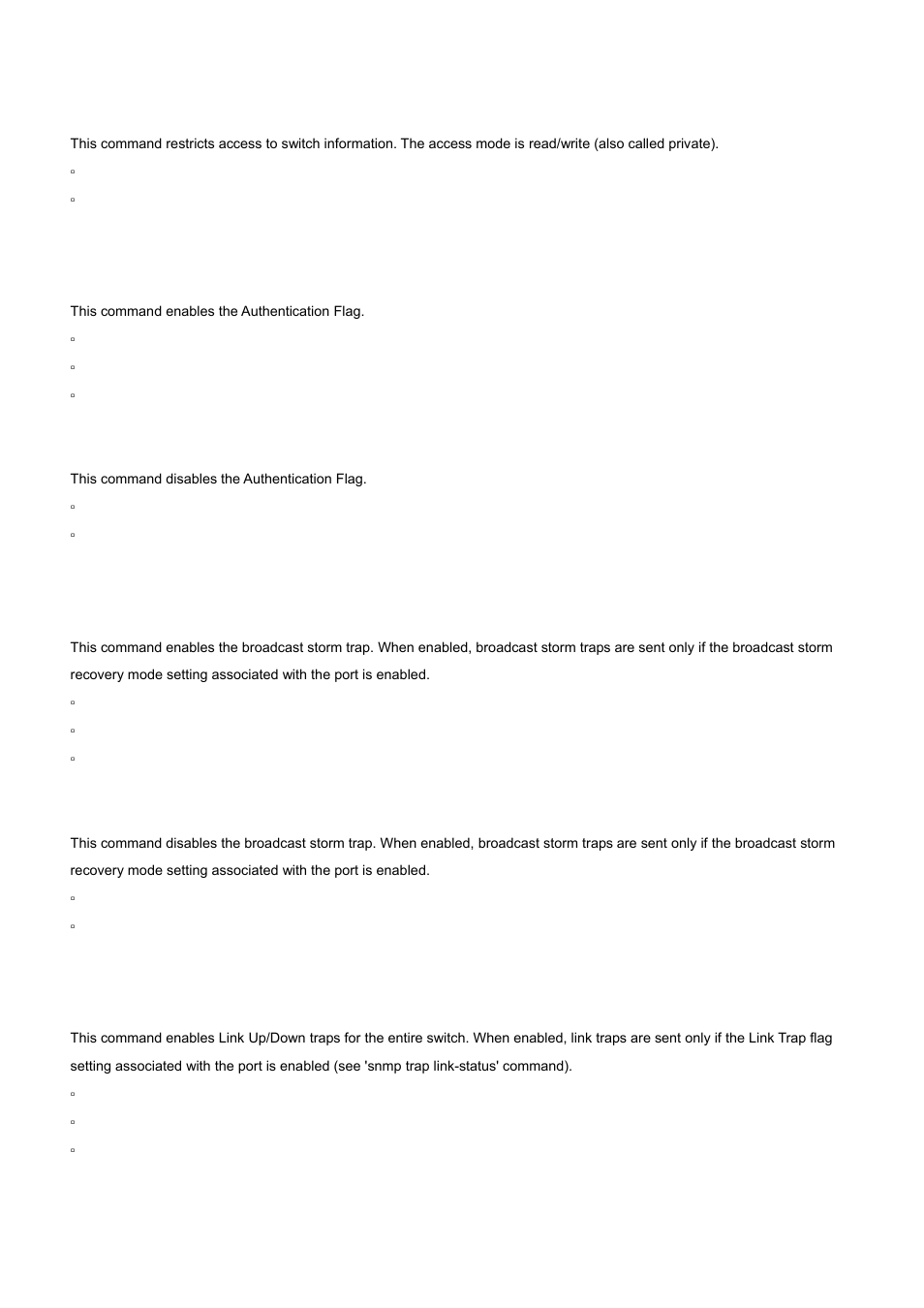 25 snmp-server community rw, 26 snmp-server enable traps, 27 snmp-server enable traps bcaststorm | 28 snmp-server enable traps linkmode | PLANET WGS3-24000 User Manual | Page 342 / 526