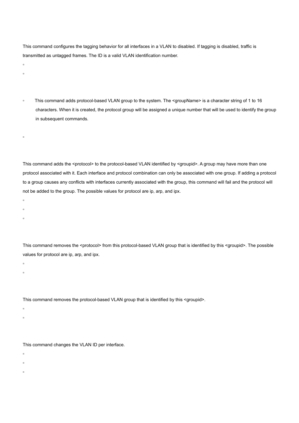 75 vlan protocol group, 76 vlan protocol group add protocol, 77 vlan protocol group remove | 78 vlan pvid | PLANET WGS3-24000 User Manual | Page 371 / 526