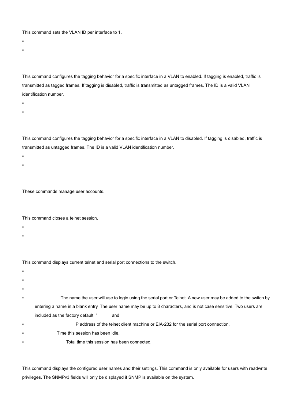 79 vlan tagging, 7 user account management commands, 1 disconnect | 2 show loginsession, 3 show users | PLANET WGS3-24000 User Manual | Page 372 / 526