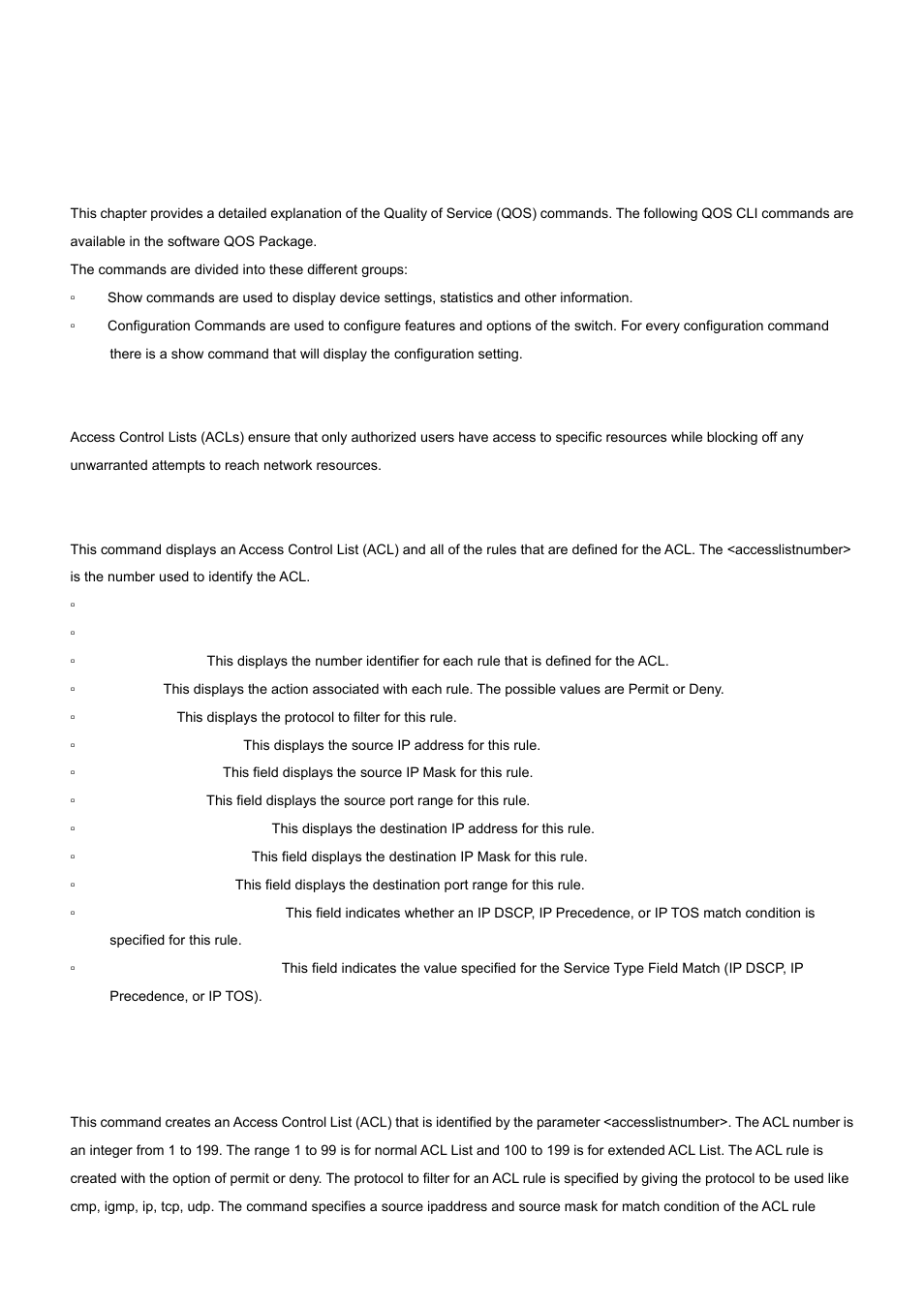 Cli commands: quality of service, 1 cli commands: access control list, 1 show ip access-lists | 2 configuration commands, 1 access-list | PLANET WGS3-24000 User Manual | Page 378 / 526